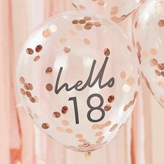 Hello 18 Rose Gold Confetti Balloons 5pk