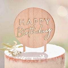 Wooden Round Happy Birthday Cake Topper
