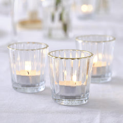 Glass Tea Light Candle Holders with Gold Trim 3pk