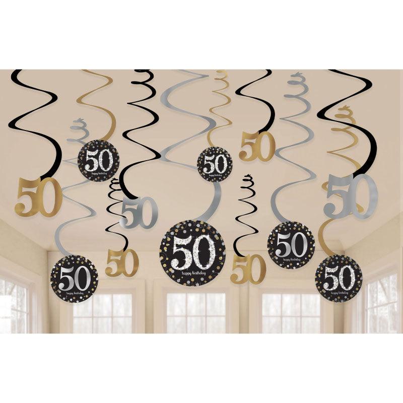 Sparkling 50th Birthday Hanging Swirls 12pk - The Party Room