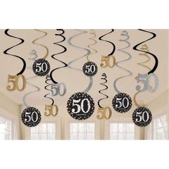 Sparkling 50th Birthday Hanging Swirls 12pk - The Party Room