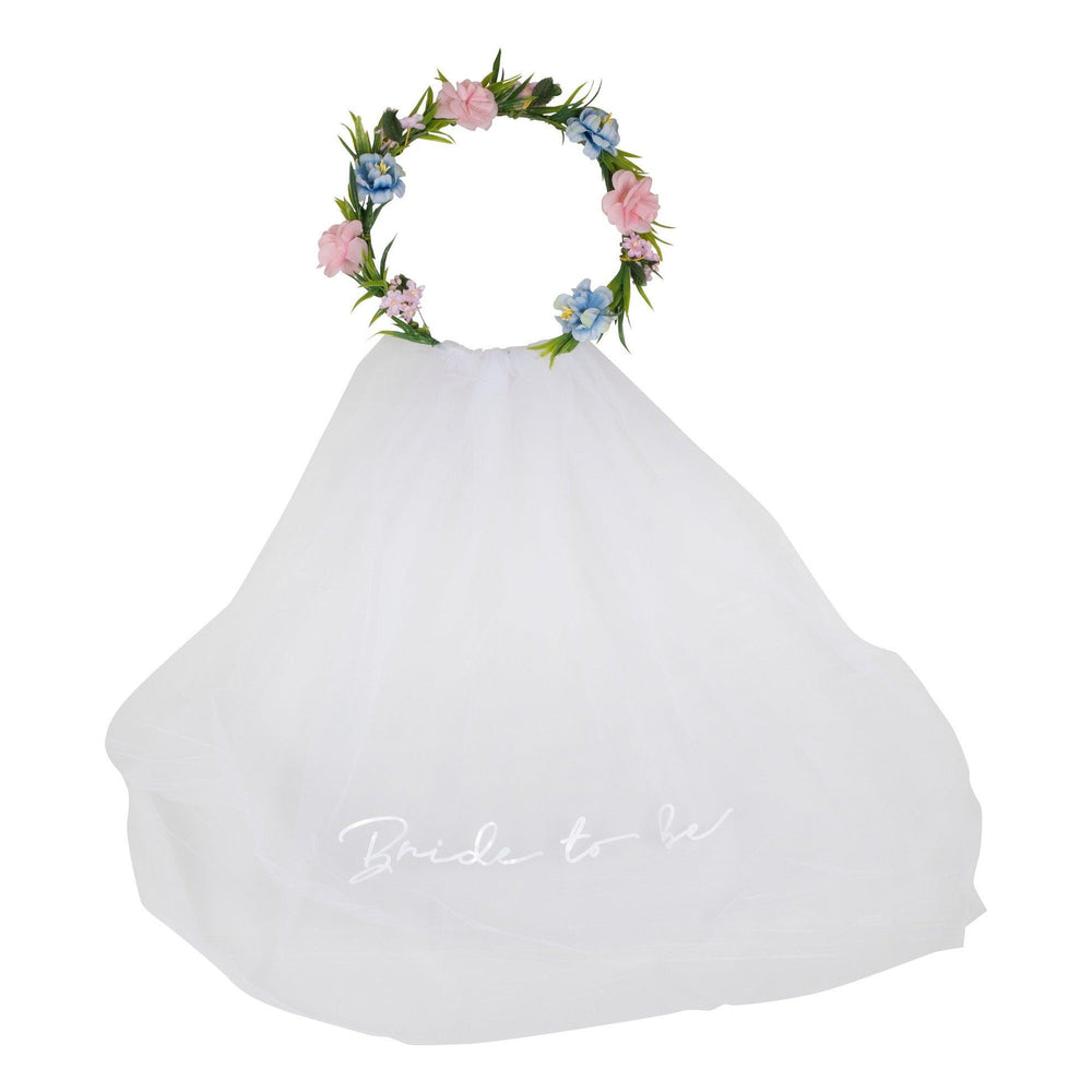 Bride To Be Hen Party Veil with Floral Crown - The Party Room