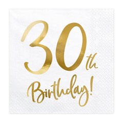 White & Gold 30th Birthday Napkins 20pk - The Party Room