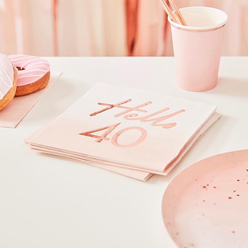 Hello 40 Rose Gold Napkins 16pk - The Party Room