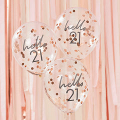 Hello 21 Rose Gold Confetti Balloons 5pk