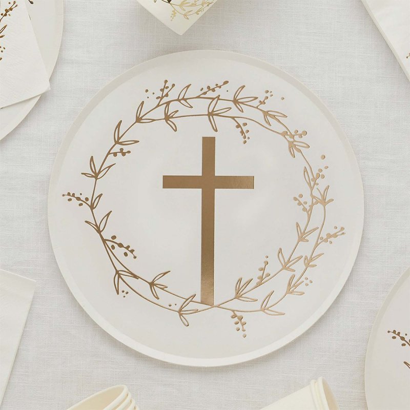 Christening & Communion Gold Cross Plates 8pk