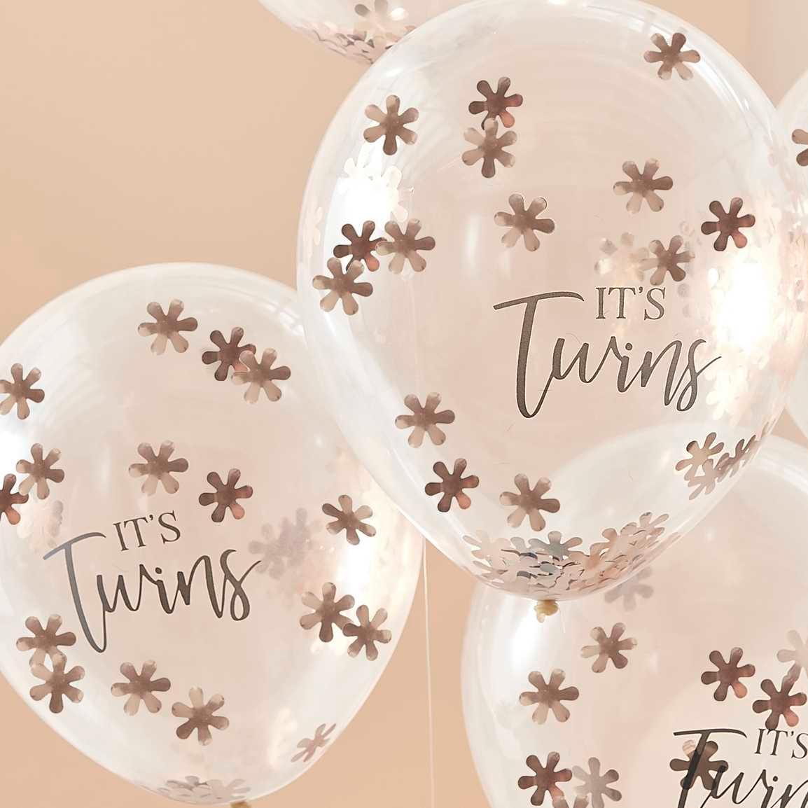Rose Gold It's Twins Confetti Balloons 5pk
