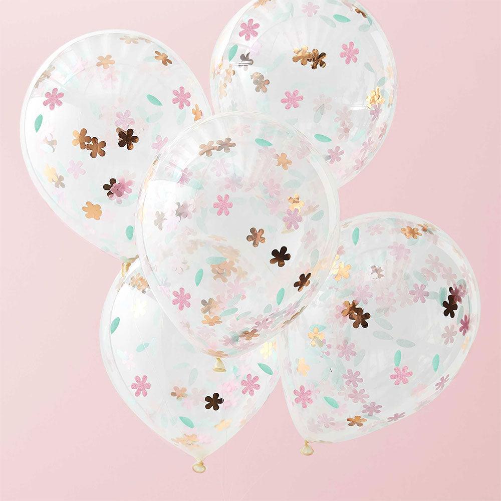 Rose Gold Floral Confetti Balloons 5pk