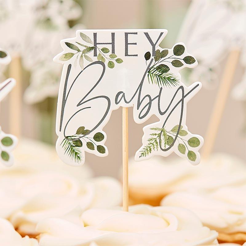 Botanical Hey Baby Cupcake Toppers