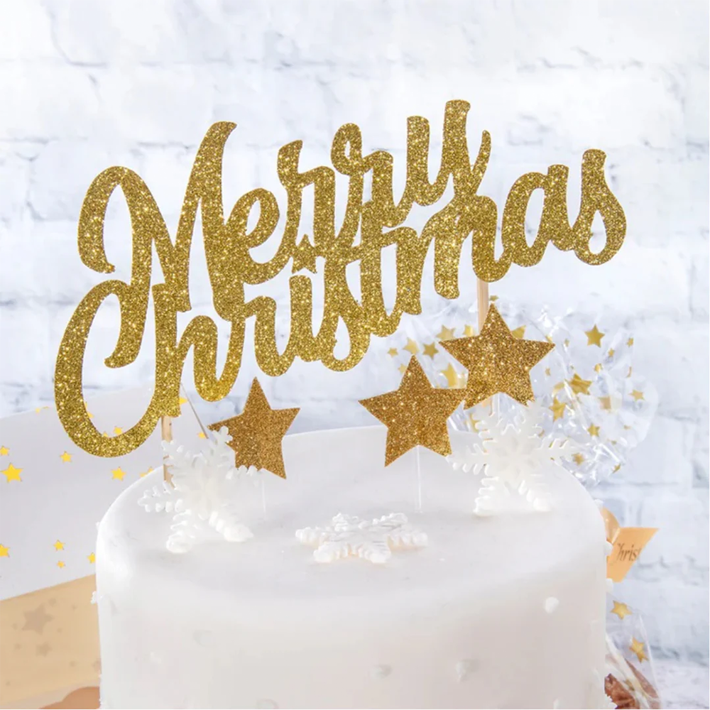 Gold Glitter Merry Christmas Cake Topper – The Party Room
