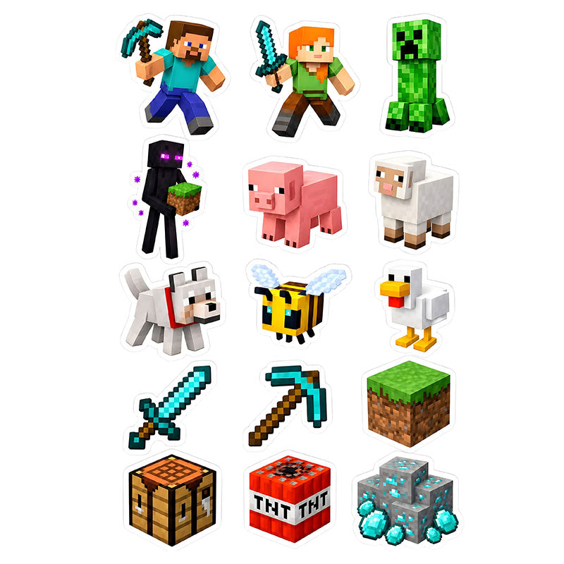 A sheet of characters and items from the game Minecraft, arranged in a grid on a white background.