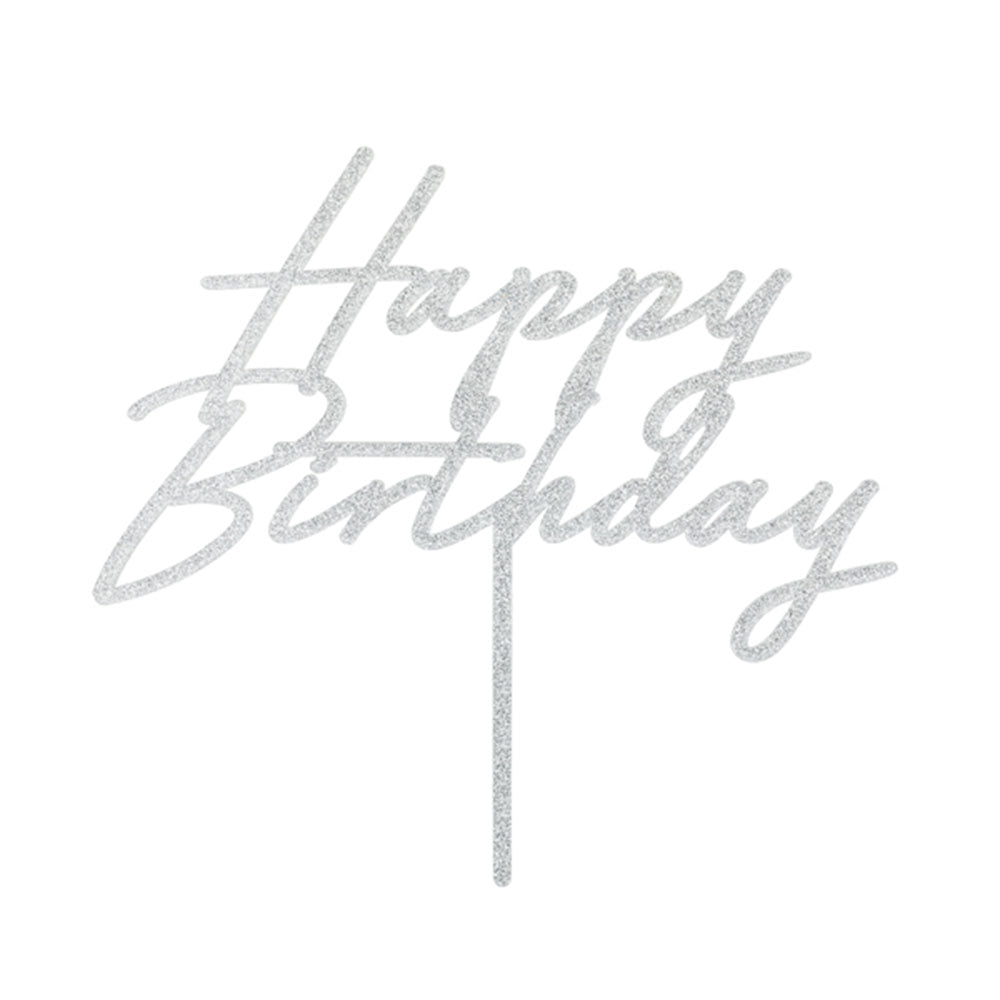 Silver Happy Birthday Acrylic Cake Topper