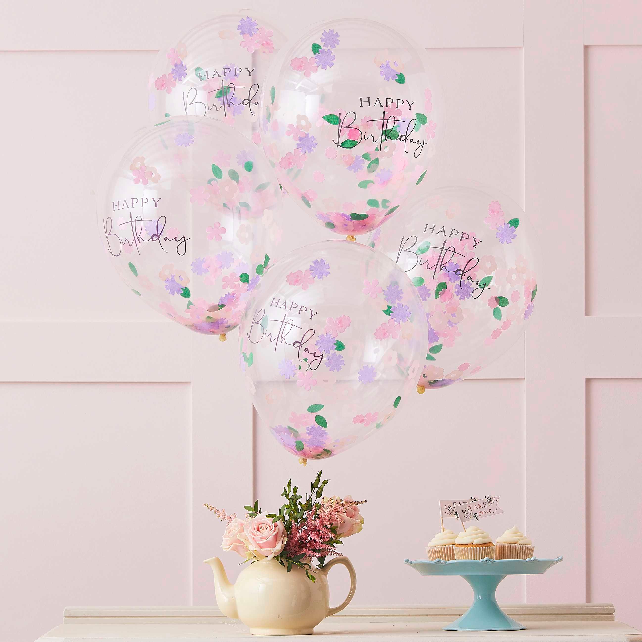 Floral Confetti Happy Birthday Balloons 5pk
