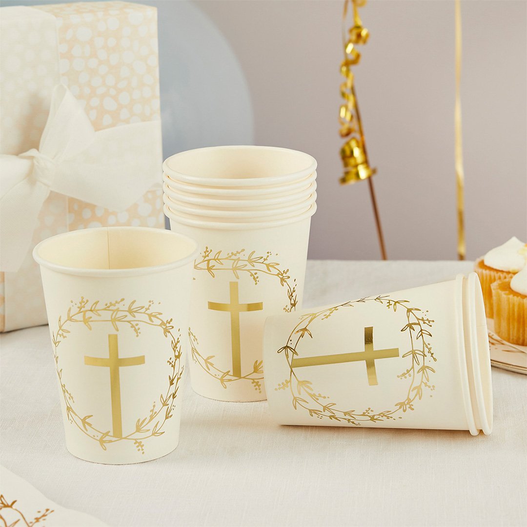 Christening & Communion Gold Cross Cups 8pk