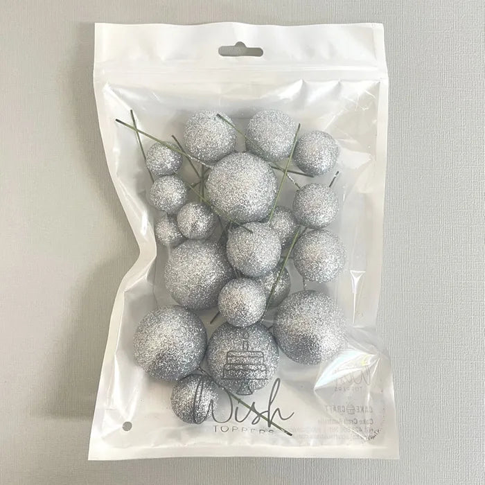 Glitter Silver Cake Ball Toppers 20pk