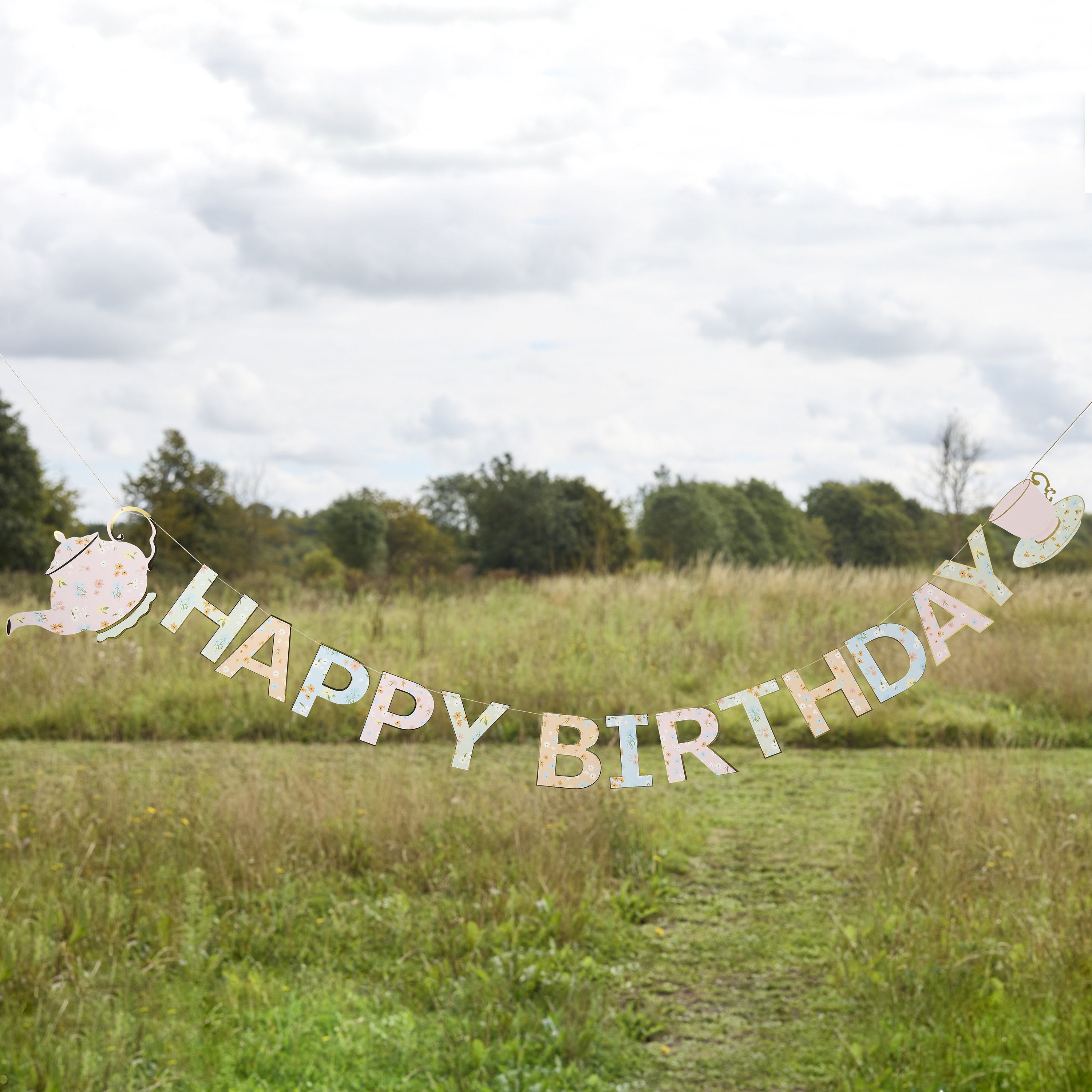 Floral Tea Party Happy Birthday Banner