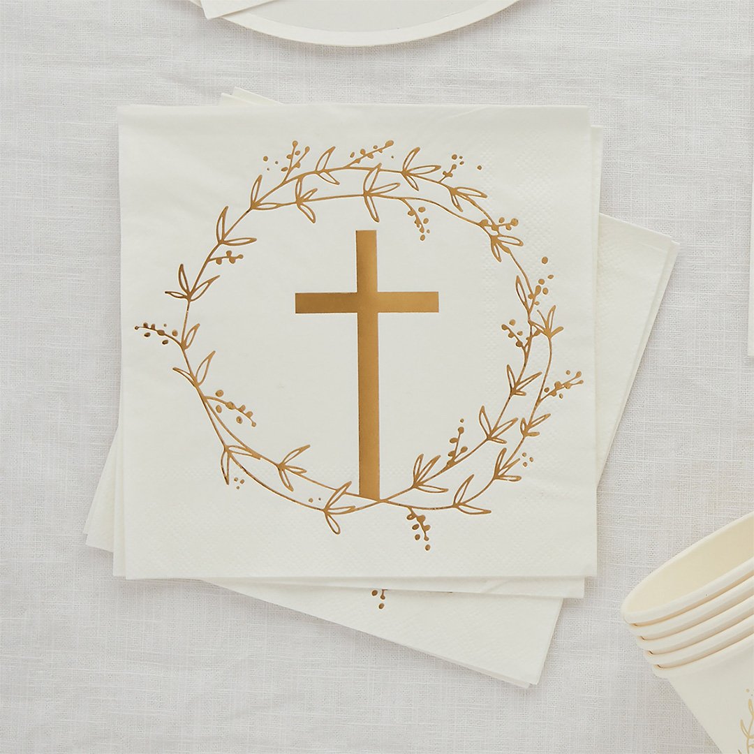 Christening & Communion Gold Cross Napkins 16pk