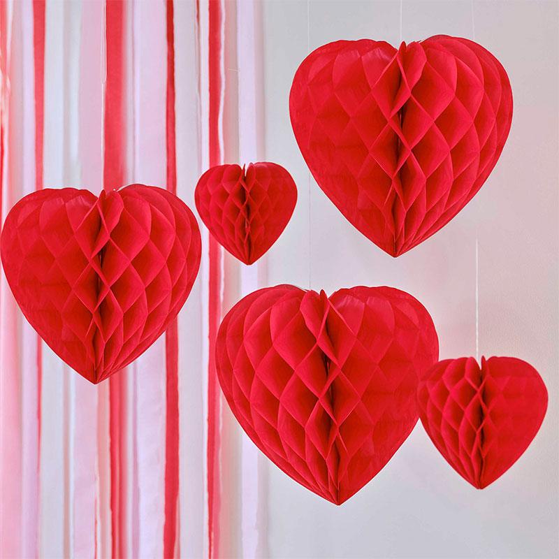 Honeycomb Hanging Heart Decorations 5pk