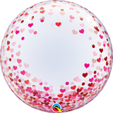 Clear bubble balloon with Red and Pink confetti hearts