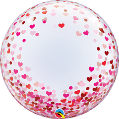 Clear bubble balloon with Red and Pink confetti hearts