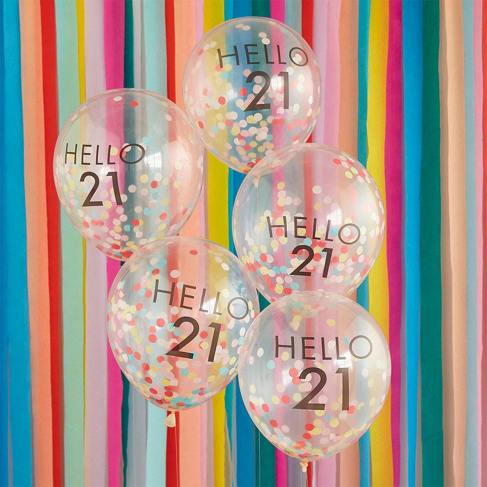 Hello 21 Rainbow Confetti 21st Birthday Balloons 5pk