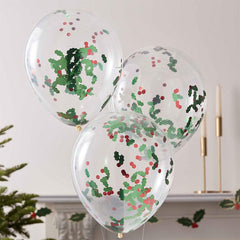 Christmas Holly And Berries Confetti Balloons 5pk