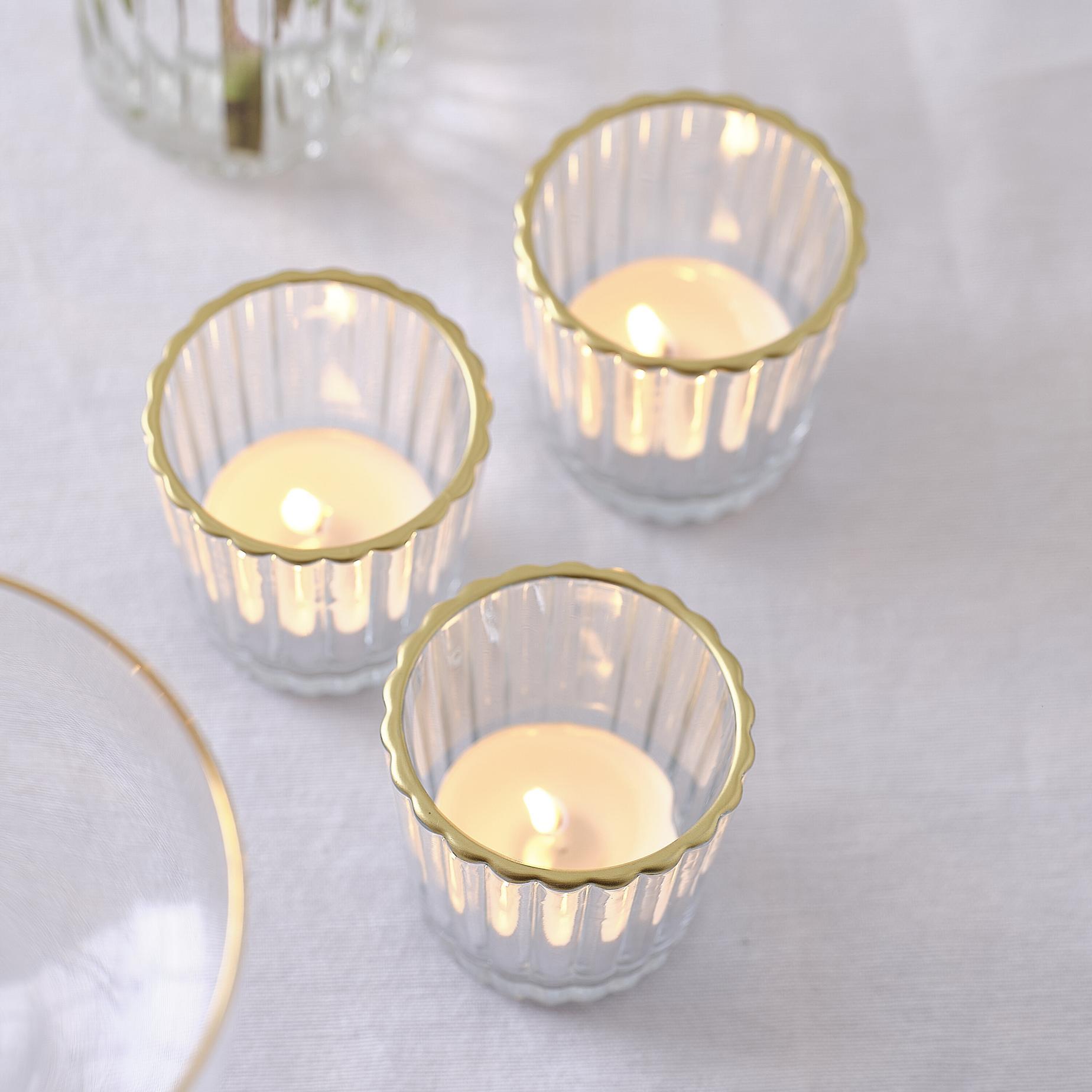 Glass Tea Light Candle Holders with Gold Trim 3pk