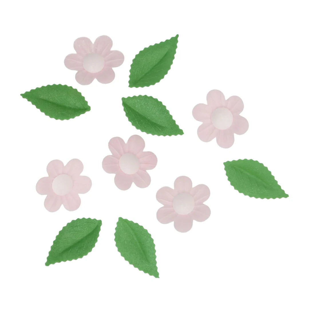 Pink Edible Wafer Flowers and Leaves