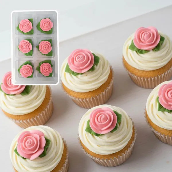Tiny Pink Rose with Leaf Sugar Icing Decorations 6pk