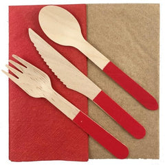 Red Wooden Cutlery Set 10pk