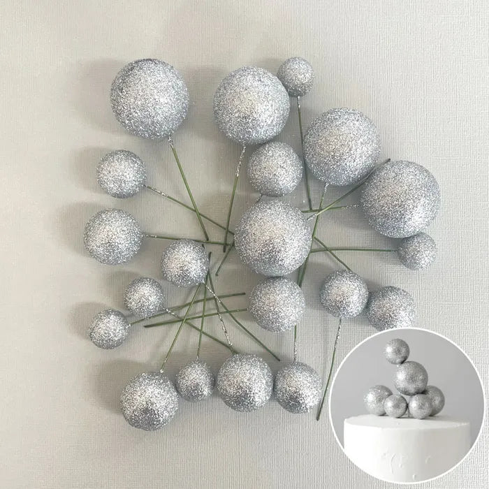 Glitter Silver Cake Ball Toppers 20pk