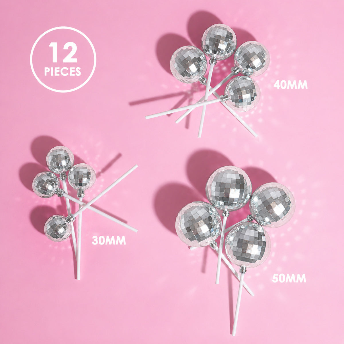 Silver Disco Cake Ball Toppers 12pk