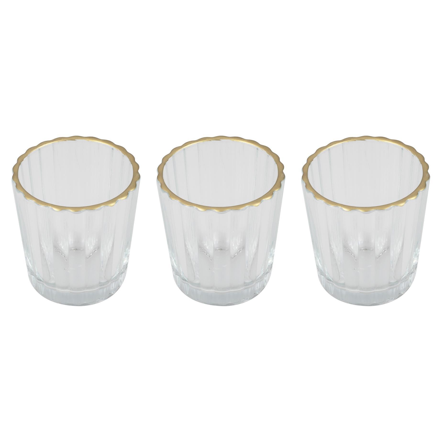 Glass Tea Light Candle Holders with Gold Trim 3pk