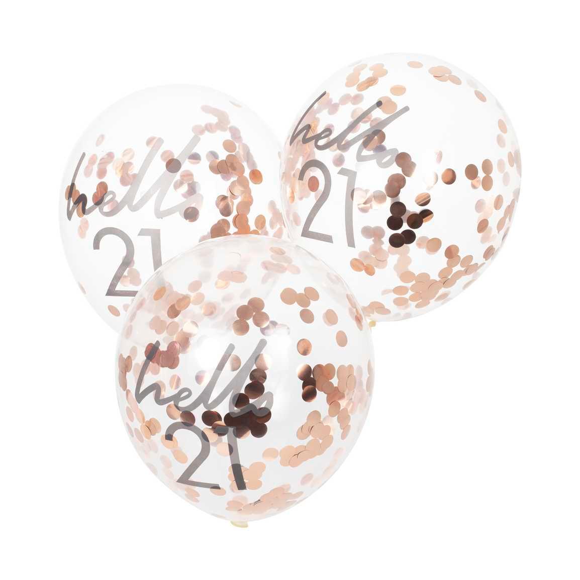 Hello 21 Rose Gold Confetti Balloons 5pk - The Party Room