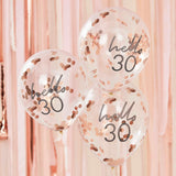 Hello 30 Rose Gold Confetti Balloons 5pk - The Party Room