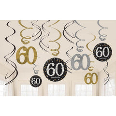 Sparkling 60th Birthday Hanging Swirls 12pk - The Party Room