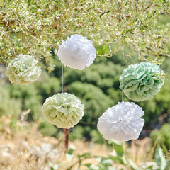 Sage & White Pom Pom Hanging Decorations 5pk - The Party Room