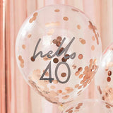 Hello 40 Rose Gold Confetti Balloons 5pk - The Party Room