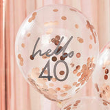 Hello 40 Rose Gold Confetti Balloons 5pk - The Party Room