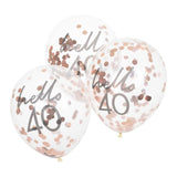 Hello 40 Rose Gold Confetti Balloons 5pk - The Party Room