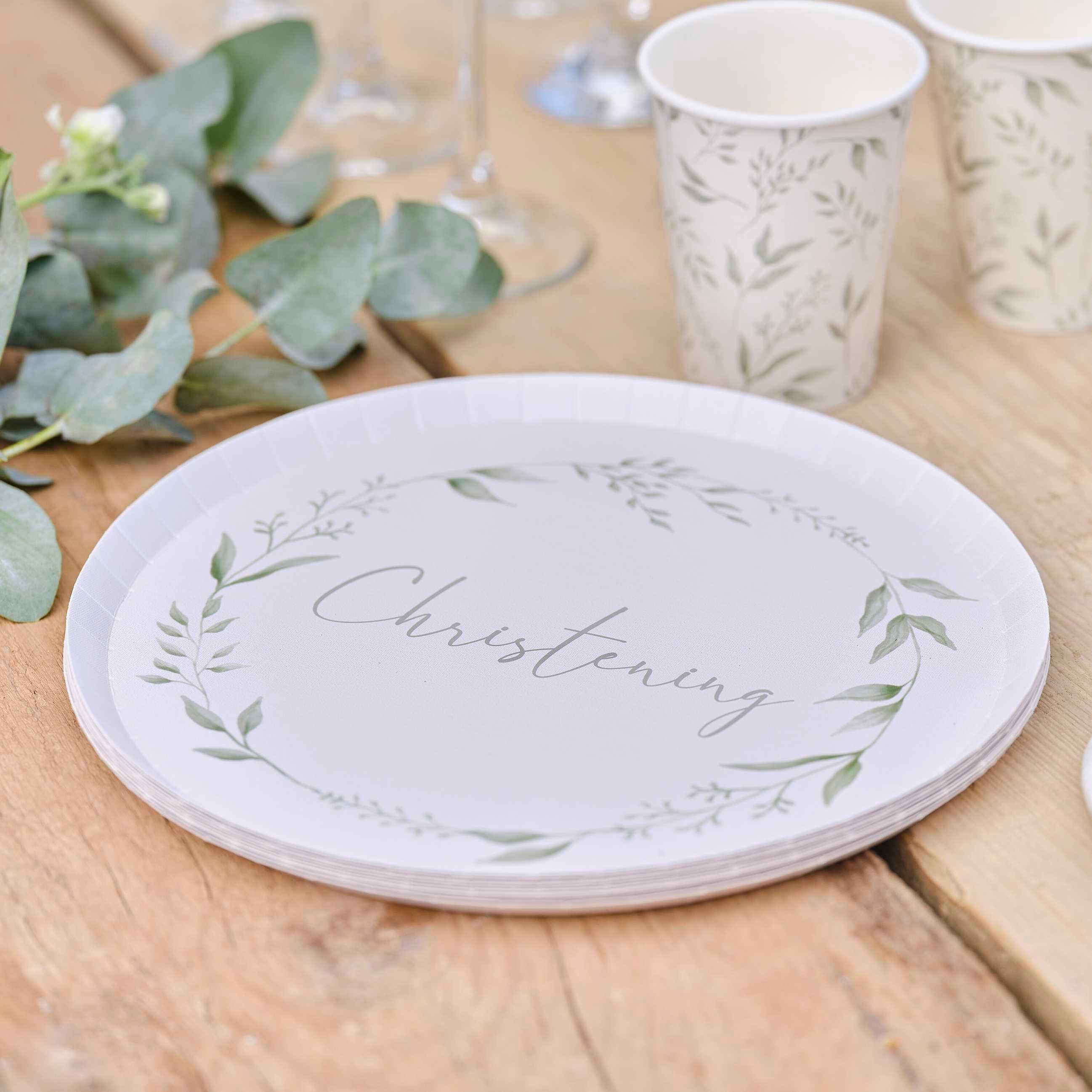 White & Green Christening Plates 8pk - The Party Room