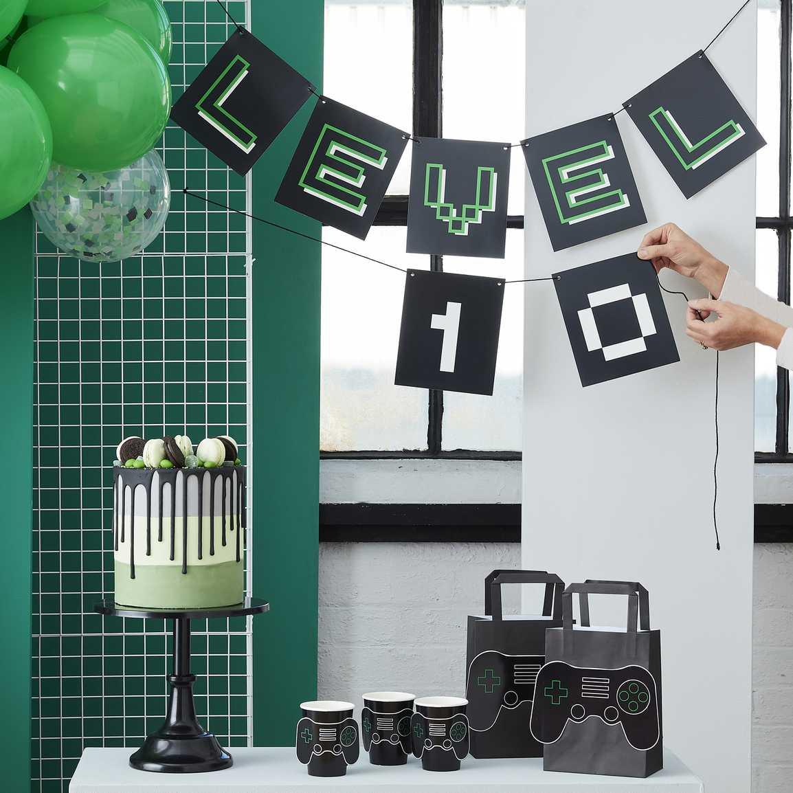 Customisable Age Black and Green Level Up Bunting - The Party Room